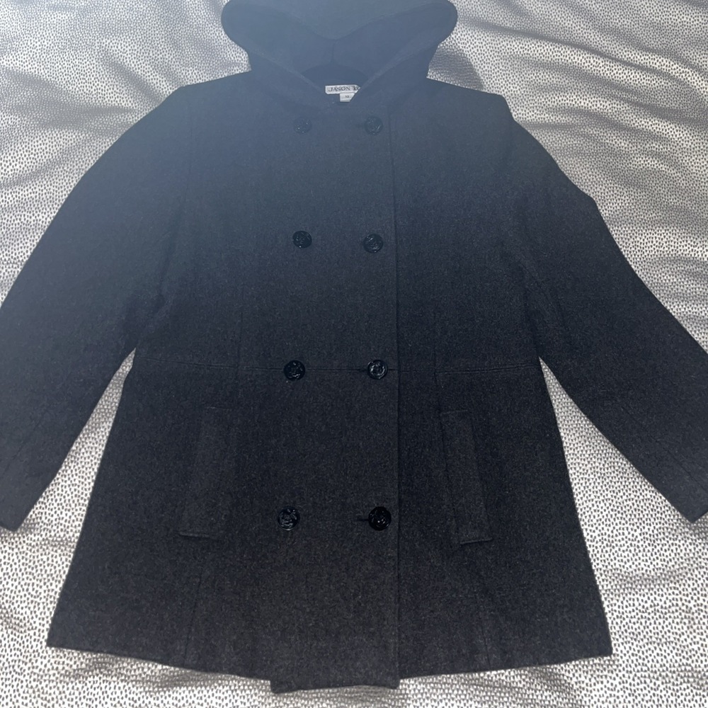 Jason Kole Charcoal Wool Blend Double Breasted Buttoned Hooded Peacoat Size 12